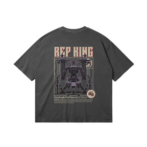 Back view of the Rep King gaming anime-inspired gym t-shirt from GymJungle’s Final Boss collection, themed around heavy lifting and progression