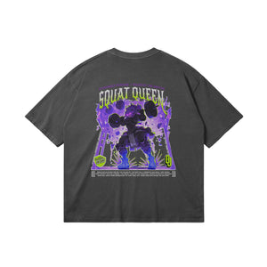 Back view of the Squat Queen anime-style gym t-shirt from the Final Boss collection by GymJungle, inspired by strength training and gaming culture