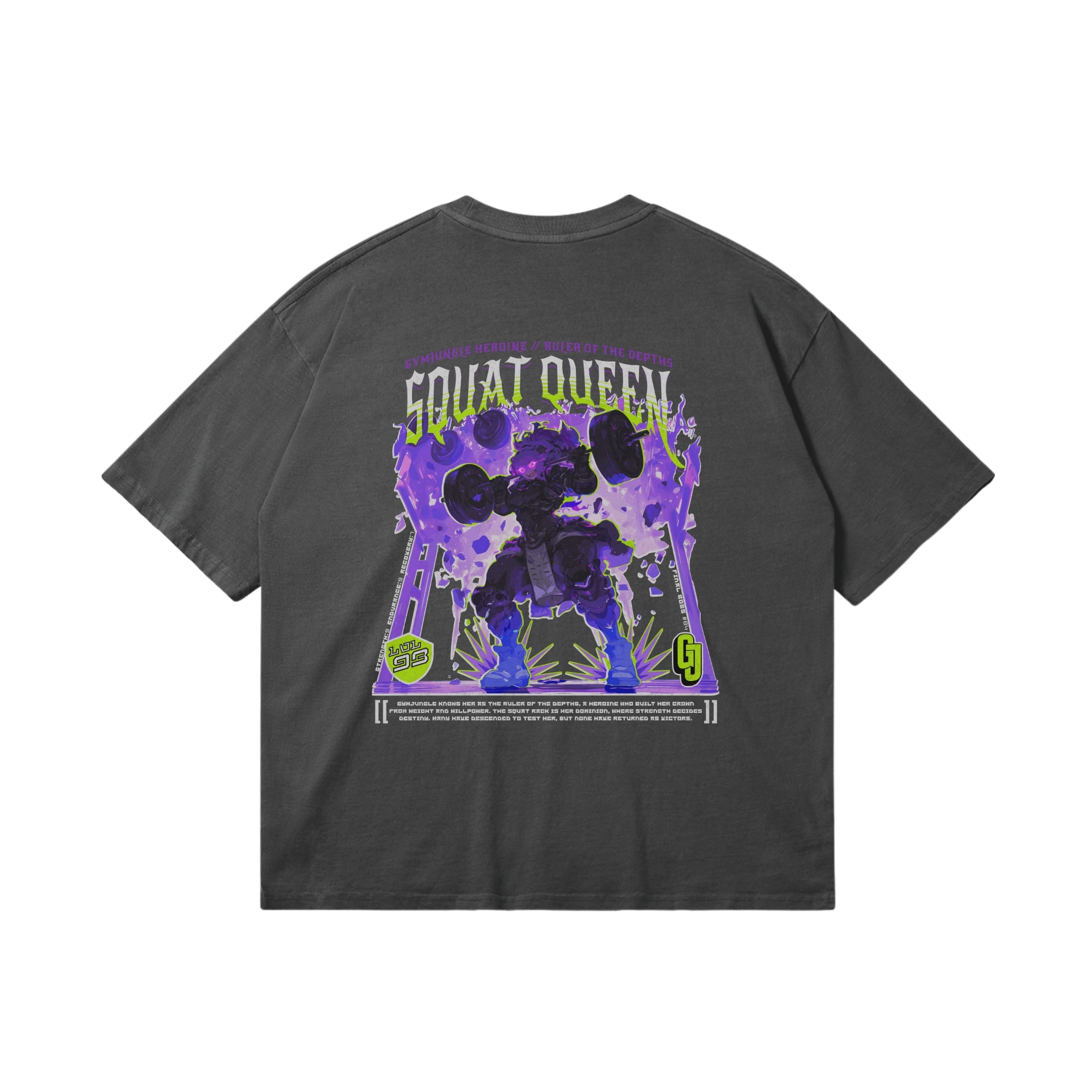 Back view of the Squat Queen anime-style gym t-shirt from the Final Boss collection by GymJungle, inspired by strength training and gaming culture